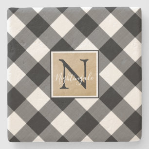 B&W Buffalo Check Monogram Name Stone Coaster
