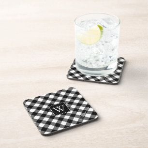 B&W Buffalo Check Plaid Monogram (name optional) Coaster