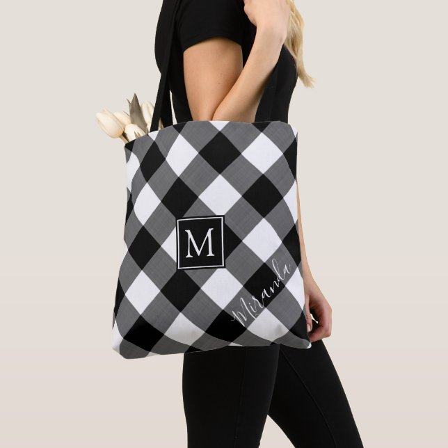 B&W Buffalo Check Plaid Monogram Name Tote Bag (Close Up)