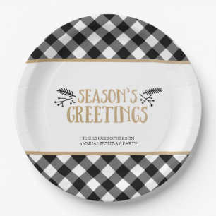 B&W Buffalo Check SEASONS GREETINGS Personalised Paper Plate