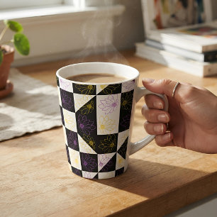 B&W Chequerboard Daisy Purple Yellow Aesthetic Latte Mug