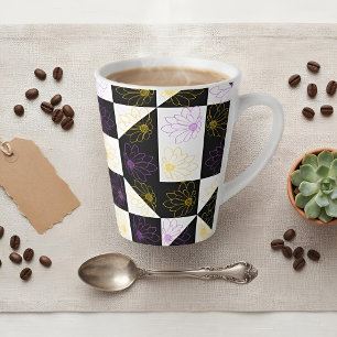 B&W Chequerboard Daisy Purple Yellow Aesthetic Latte Mug