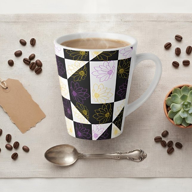 B&W Chequerboard Daisy Purple Yellow Aesthetic Latte Mug (Creator Uploaded)