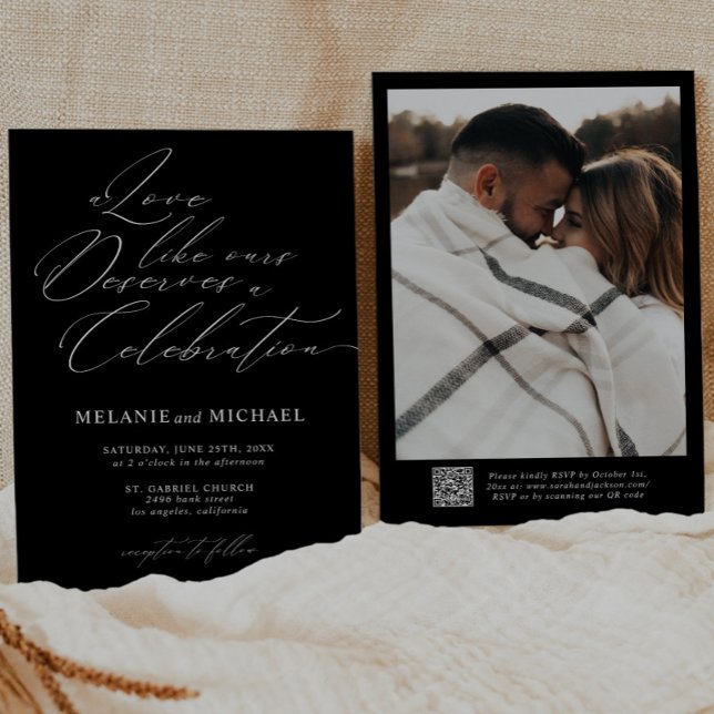 B & W Classic Script Calligraphy QR Code Wedding Invitation (Creator Uploaded)