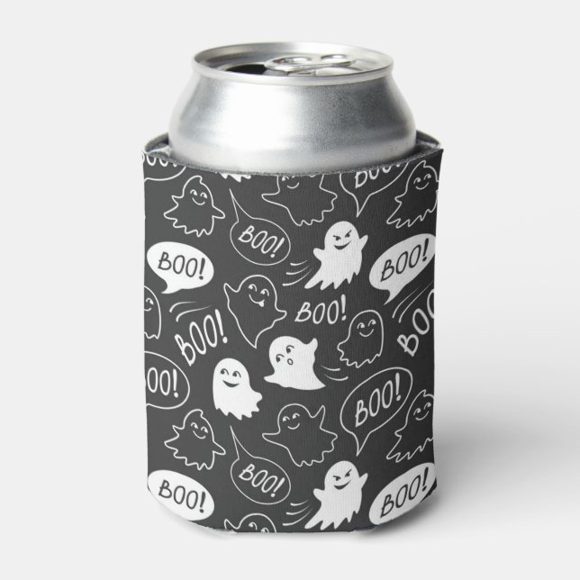B&W Cute Doodle Halloween Pattern Can Cooler (Can Front)