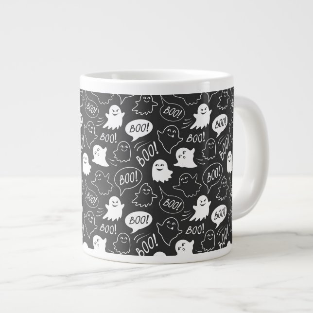B&W Cute Doodle Halloween Pattern Large Coffee Mug (Front Right)