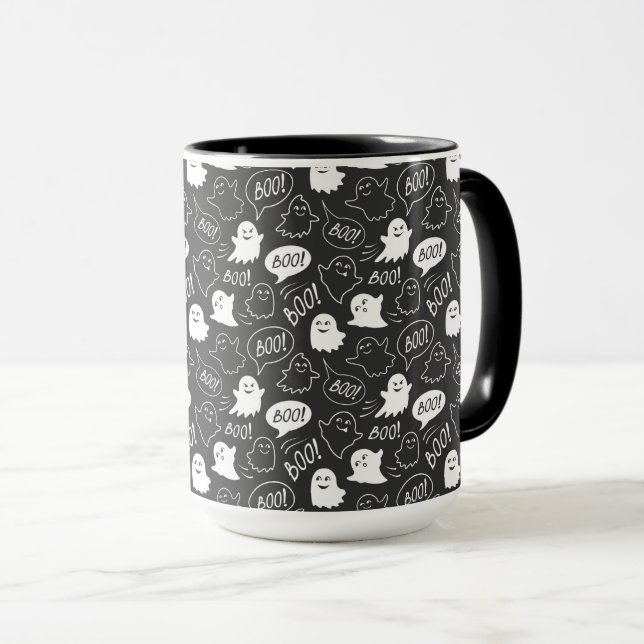 B&W Cute Doodle Halloween Pattern Mug (Front Right)
