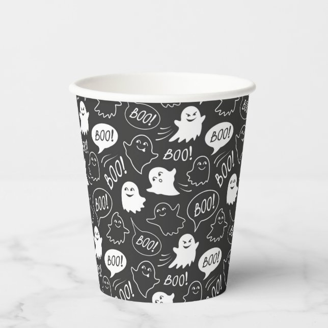 B&W Cute Doodle Halloween Pattern Paper Cups (Front)