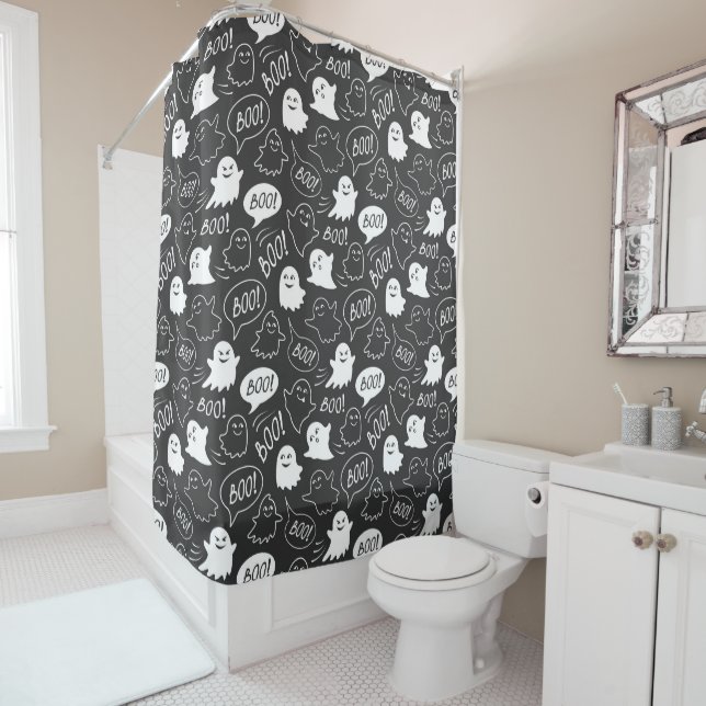 B&W Cute Doodle Halloween Pattern Shower Curtain (In Situ)