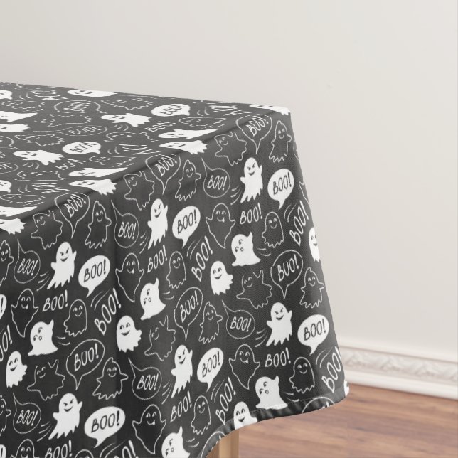 B&W Cute Doodle Halloween Pattern Tablecloth (In Situ)