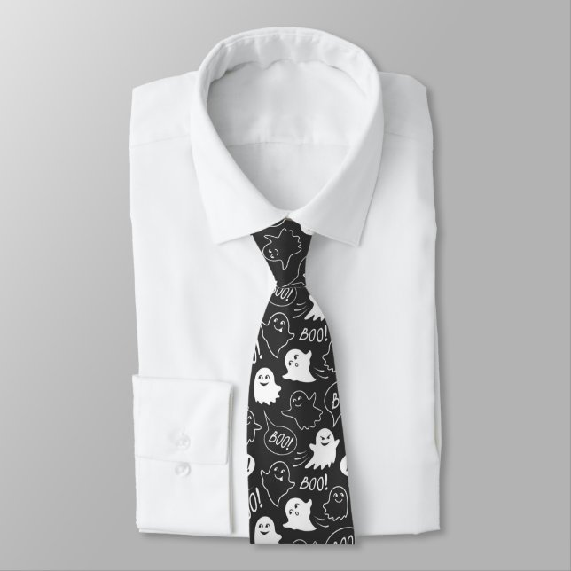 B&W Cute Doodle Halloween Pattern Tie (Tied)