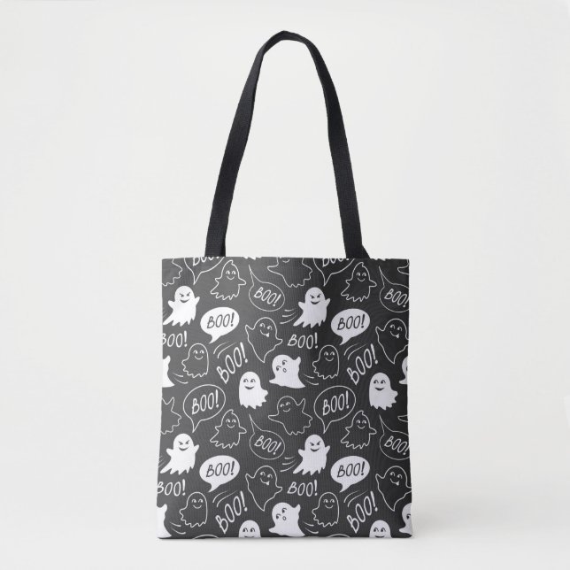 B&W Cute Doodle Halloween Pattern Tote Bag (Front)