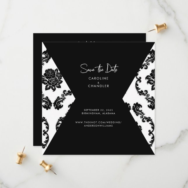 B/W Damask Photo Wedding  Save The Date (Front/Back In Situ)