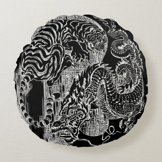 B&W Dragon Tiger Yin Yang Symbol Etch Round Cushion (Front)