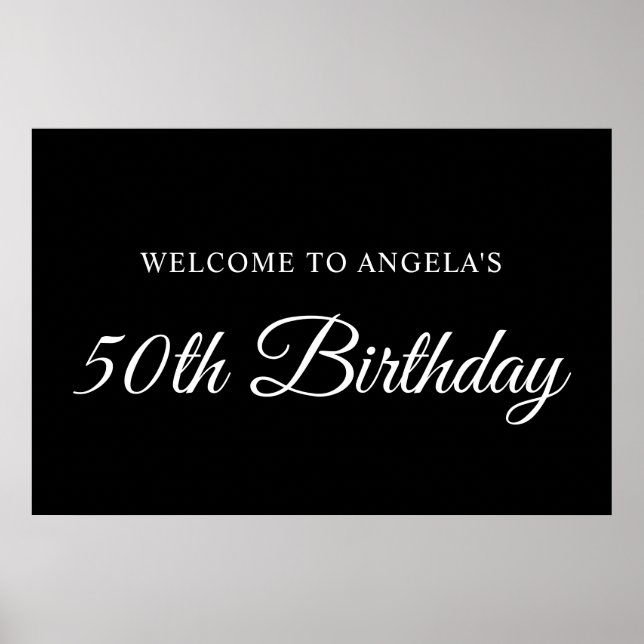 B&W Elegant Script 50th Birthday Welcome Poster (Front)