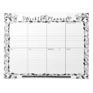 B&W Floral Lily Weekly Planner   Week At A Glance Notepad