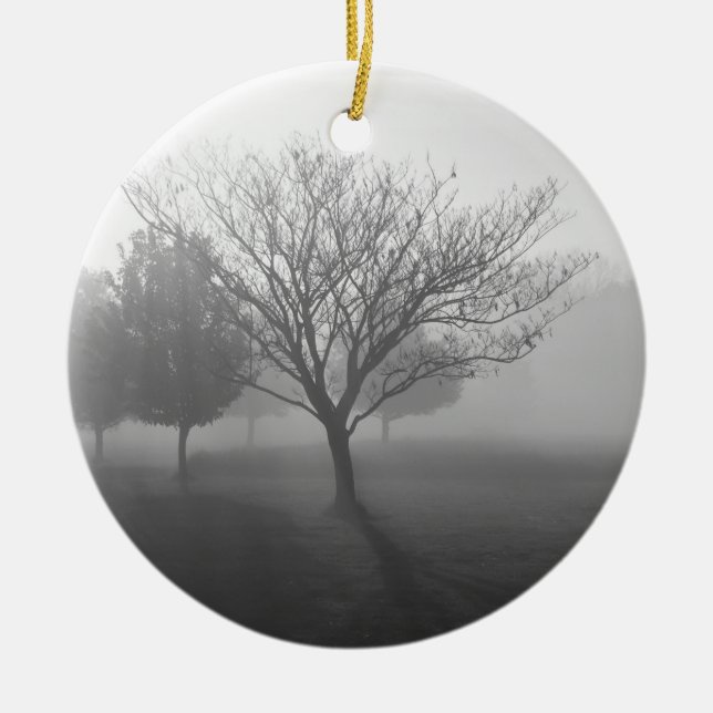 B&W Foggy Morning Sunrise Ceramic Tree Decoration (Front)