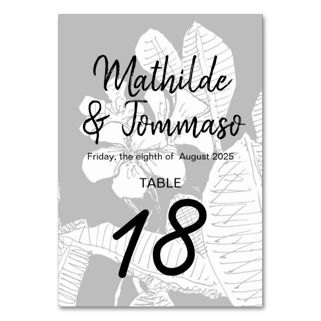 B&W Frangipani Bohemian Botanical Modern Watermark Table Number (Back)