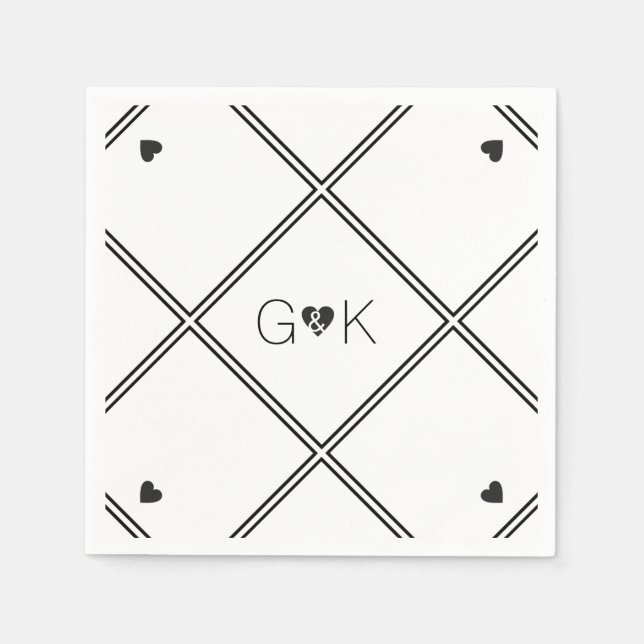 B/W geometric lines with monogram / wedding Napkin (Front)