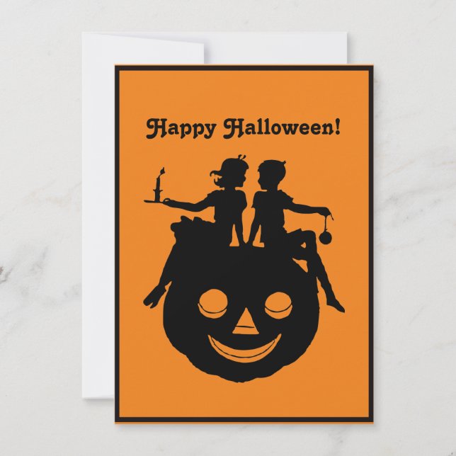 B/W Halloween Silhouette Boy Girl Sitting Invite (Front)