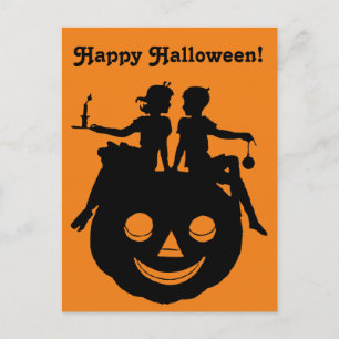 B/W Halloween Silhouette Boy Girl Sitting Pumpkin Holiday Postcard