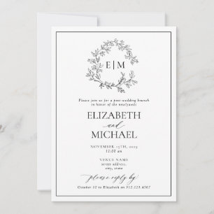B&W Leafy Crest Monogram Post Wedding Brunch Invitation