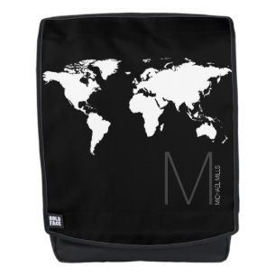 b&w map of world backpack