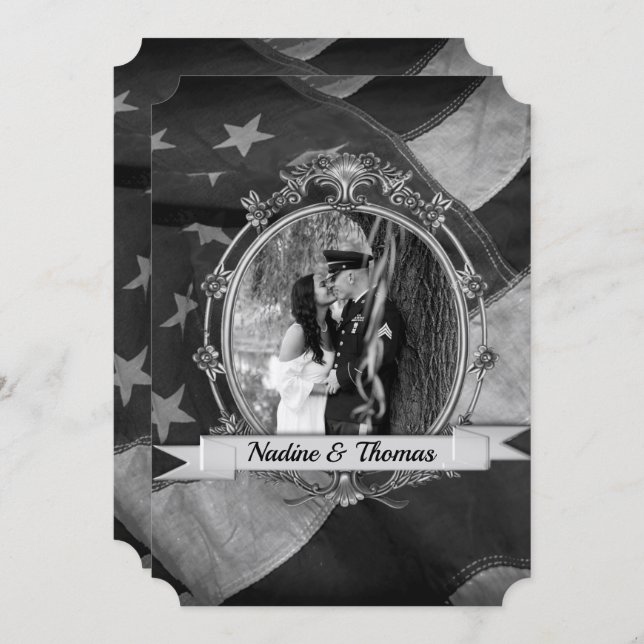 B&W Military Patriotic Flag with Photograph Invitation (Front/Back)