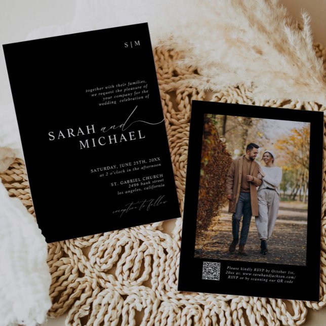 B&W Minimal Elegant Modern Script QR Code Wedding Invitation (Creator Uploaded)