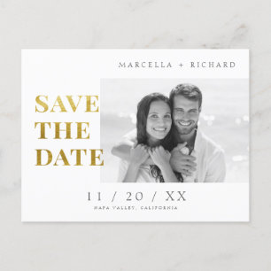 B&W Minimalist Gold Photo Wedding Save The Date Postcard