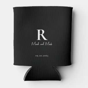 B/W Monogram & Couple Names Wedding Can Cooler