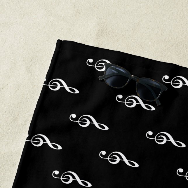 B/W musical notes (treble clefs) on a cool Beach Towel (In Situ)
