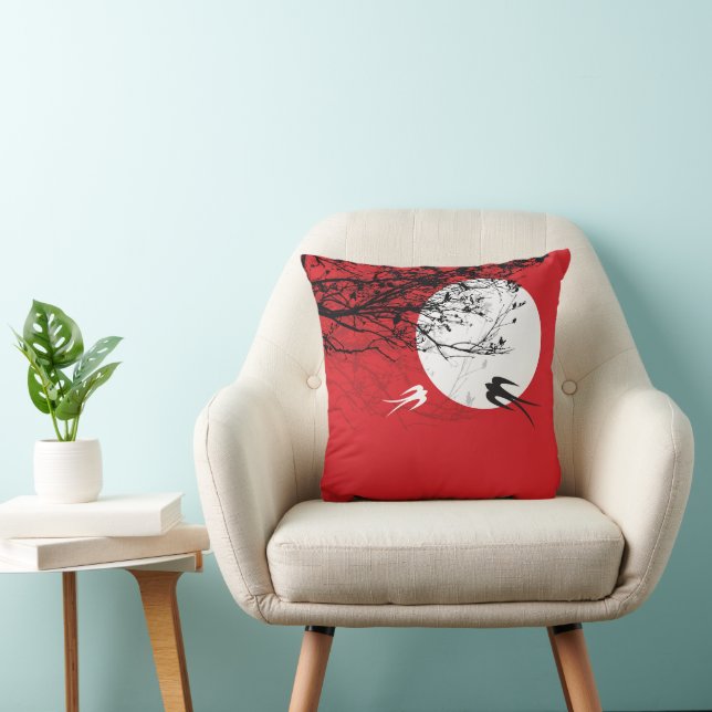 B&W Oriental Swallows Moonlight Tree Branches Cushion (Chair)