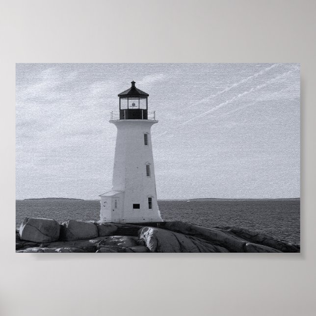 B&W Peggy's Cove Lighthouse Poster (Front)
