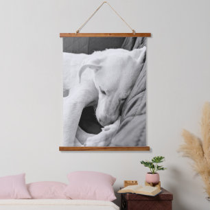 B & W Photograph of Cute Dog Sleeping on Couch Hanging Tapestry