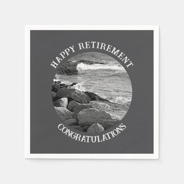 B & W Photography of Wavy Ocean Retirement Party Napkin (Front)