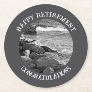 B & W Photography of Wavy Ocean Retirement Party Round Paper Coaster