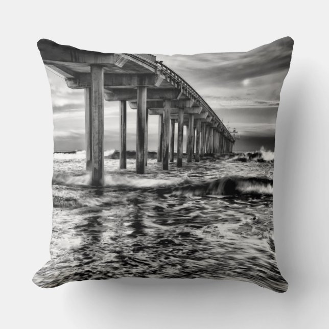 B&W pier at dawn, California Cushion (Front)