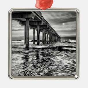 B&W pier at dawn, California Metal Tree Decoration