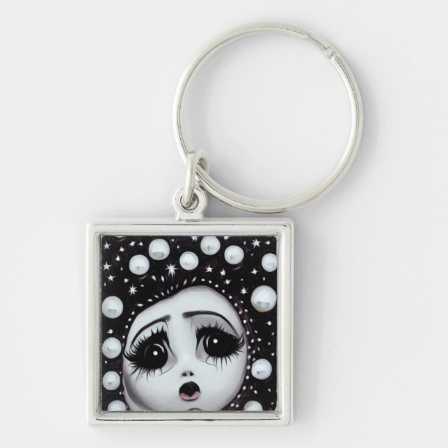 B&W Pop Surrealism Big Eyes Doll Face Key Ring (Front)