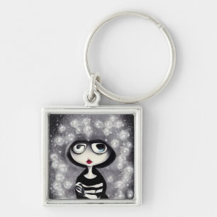 B&W Pop Surrealism Hooded Doll & Pearls Key Ring
