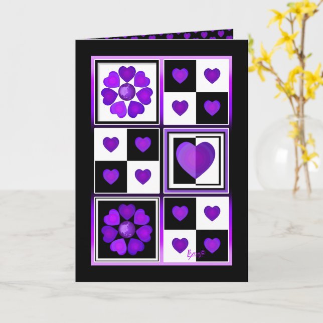 B&W Purple Hearts Beating birthday card (Yellow Flower)