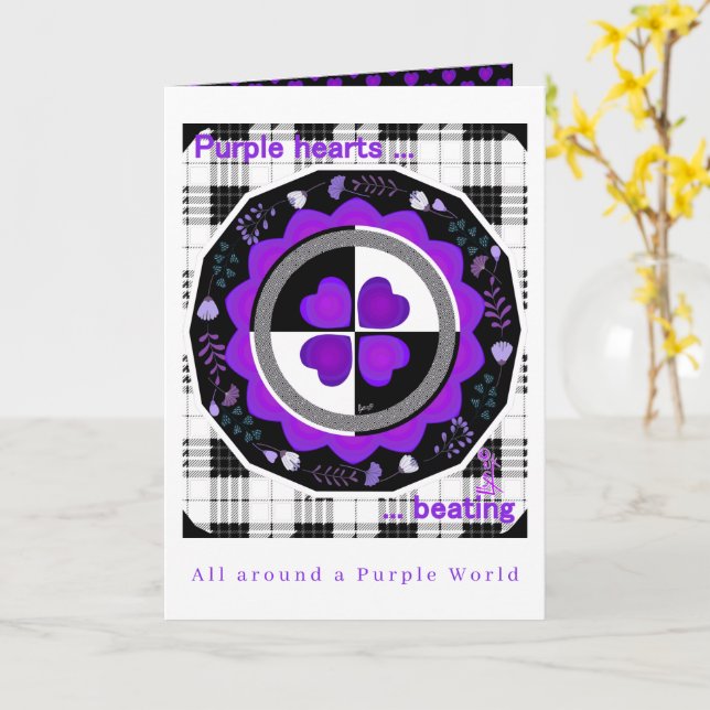 B&W Purple Hearts Beating Birthday card (Yellow Flower)