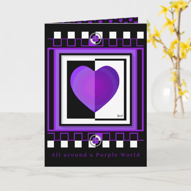 B&W Purple Hearts Beating Birthday card (Yellow Flower)