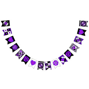B&W Purple Hearts Beating Bunting