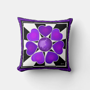 B&W Purple Hearts Beating Cushion