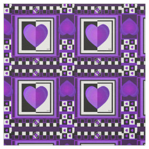 B&W Purple Hearts Beating Fabric