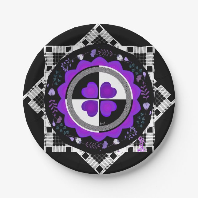 B&W Purple Hearts Beating Paper Plate (Front)