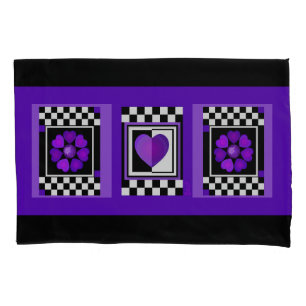 B&W Purple Hearts Beating Pillowcase