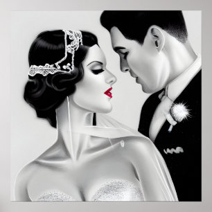 B&W Retro Art Deco Vintage Bride & Groom Poster